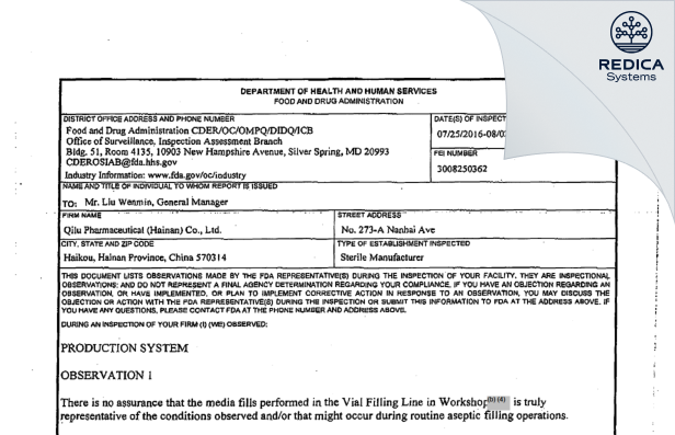 FDA 483 - Qilu Pharmaceutical (Hainan) Co., Ltd. [China / China] - Download PDF - Redica Systems