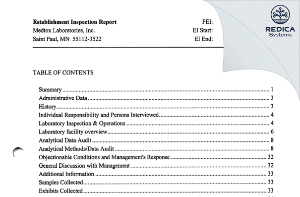EIR - Medtox Laboratories, Inc. [Saint Paul / United States of America] - Download PDF - Redica Systems