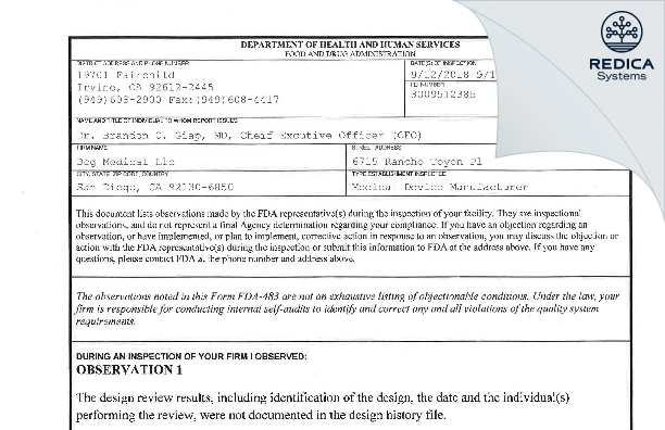 FDA 483 - BCG Medical Inc [San Diego / United States of America] - Download PDF - Redica Systems