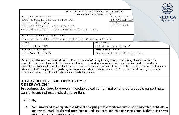 FDA 483 - Vitti Labs, LLC [Liberty / United States of America] - Download PDF - Redica Systems