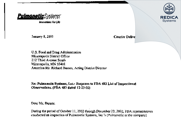 FDA 483 Response - CareFusion 203, Inc. [Minneapolis / United States of America] - Download PDF - Redica Systems