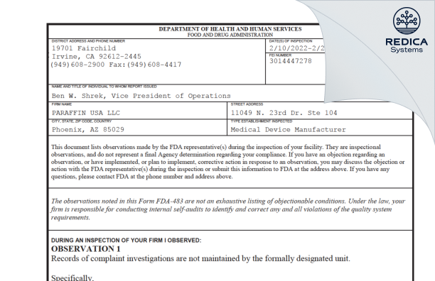 FDA 483 - PARAFFIN USA LLC [Phoenix / United States of America] - Download PDF - Redica Systems
