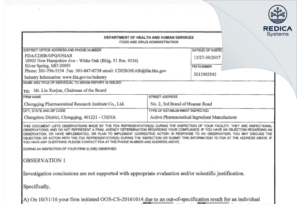FDA 483 - Chongqing Carelife Pharmaceutical Co., Ltd. [Chongqing / China] - Download PDF - Redica Systems