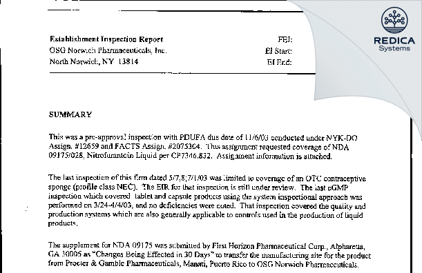 EIR - Norwich Pharmaceuticals, Inc. [York / United States of America] - Download PDF - Redica Systems
