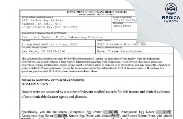 FDA 483 - IntegraMed Medical - King, PLLC [Las Vegas / United States of America] - Download PDF - Redica Systems
