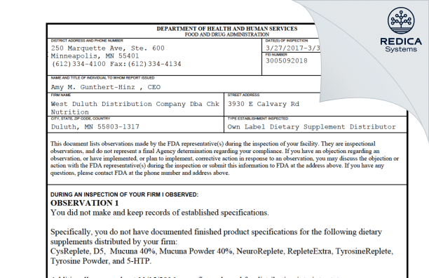 FDA 483 - West Duluth Distribution Company dba CHK Nutrition [Duluth / United States of America] - Download PDF - Redica Systems