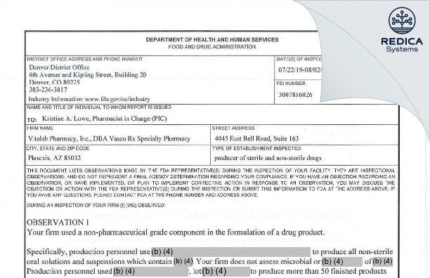 FDA 483 - Vitalab Pharmacy, Inc. DBA Vasco Rx Specialty Pharmacy [Phoenix / United States of America] - Download PDF - Redica Systems