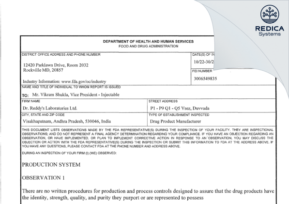 FDA 483 - DR.REDDY'S LABORATORIES LIMITED [India / India] - Download PDF - Redica Systems