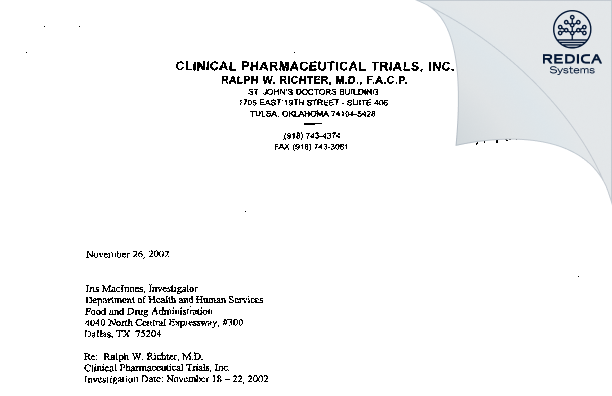 FDA 483 Response - Ralph W Richter, Md/Clin Inv [Tulsa / United States of America] - Download PDF - Redica Systems