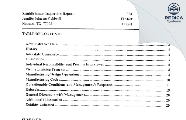 EIR - Jennifer L. Johnson-Caldwell M.D/Clinical Investigator [Houston / United States of America] - Download PDF - Redica Systems