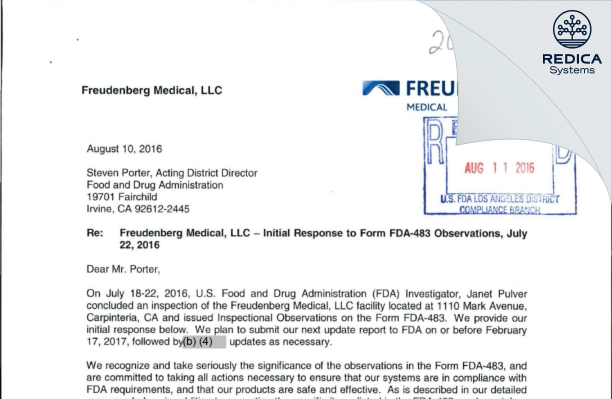 FDA 483 Response - Freudenberg Medical, LLC [Carpinteria / United States of America] - Download PDF - Redica Systems