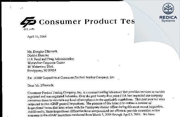 FDA 483 Response - Consumer Product Testing Company, Inc [Fairfield / United States of America] - Download PDF - Redica Systems