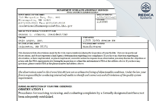 FDA 483 - Dujo Logos, Inc. [Princeton / United States of America] - Download PDF - Redica Systems