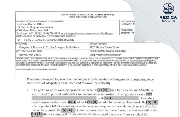 FDA 483 - Cangene BioPharma, LLC [Rockville / United States of America] - Download PDF - Redica Systems