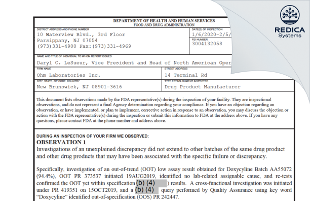 FDA 483 - Ohm Laboratories Inc. [Jersey / United States of America] - Download PDF - Redica Systems