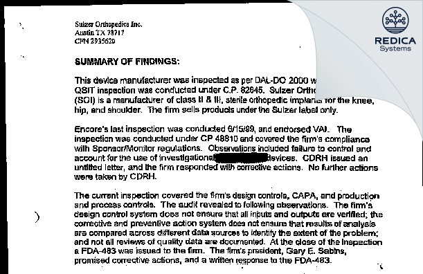 EIR - Zimmer Austin, Inc [Austin / United States of America] - Download PDF - Redica Systems