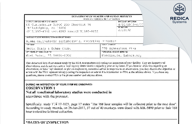 FDA 483 - Merck Sharp & Dohme LLC [West Point / United States of America] - Download PDF - Redica Systems