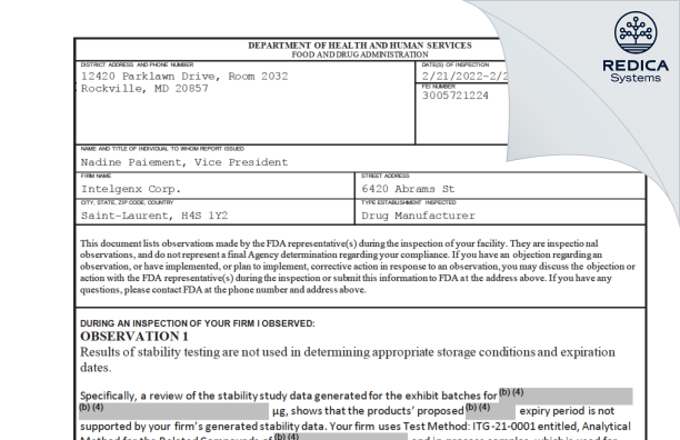 FDA 483 - IntelGenx Corp. [Saint-Laurent / Canada] - Download PDF - Redica Systems