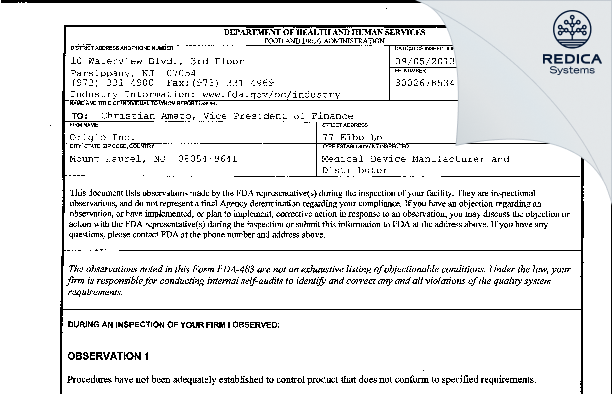 FDA 483 - Origio Inc. [Mount Laurel / United States of America] - Download PDF - Redica Systems