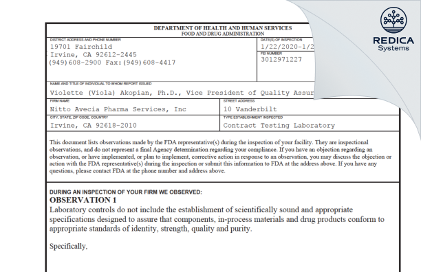 FDA 483 - Nitto Avecia Pharma Services, Inc. [Irvine / United States of America] - Download PDF - Redica Systems