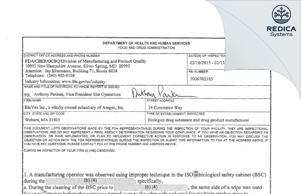 FDA 483 - Biovex, Inc. [Woburn / United States of America] - Download PDF - Redica Systems
