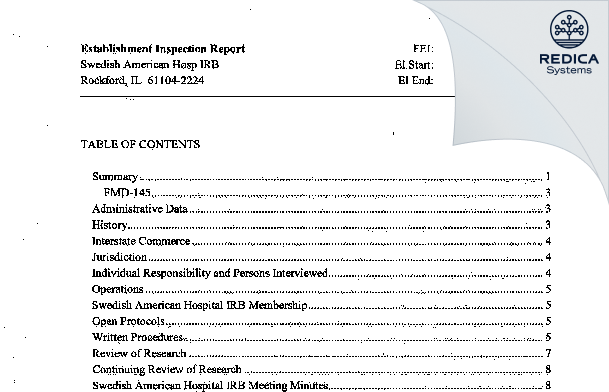 EIR - Swedish American Hosp IRB [Rockford / United States of America] - Download PDF - Redica Systems