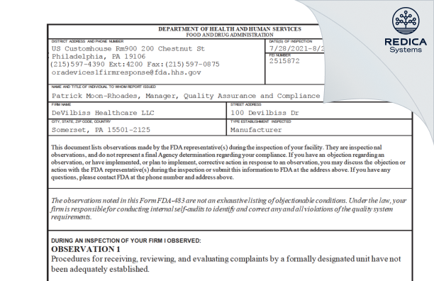 FDA 483 - DeVilbiss Healthcare LLC [Somerset / United States of America] - Download PDF - Redica Systems