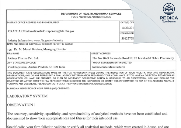 FDA 483 - AKTINOS PHARMA PRIVATE LIMITED [India / India] - Download PDF - Redica Systems