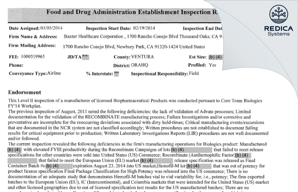 EIR - BAXALTA US INC. [Thousand Oaks / United States of America] - Download PDF - Redica Systems