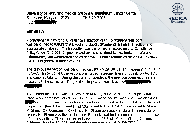EIR - Marlene And Stewart Greenbaum Cancer Center [Baltimore / United States of America] - Download PDF - Redica Systems