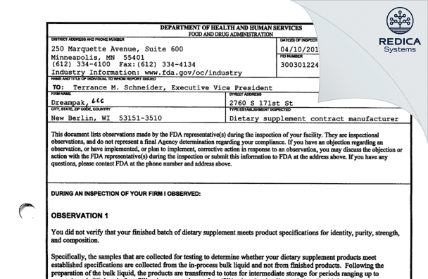 FDA 483 - Dream Pak, LLC [New Berlin / United States of America] - Download PDF - Redica Systems