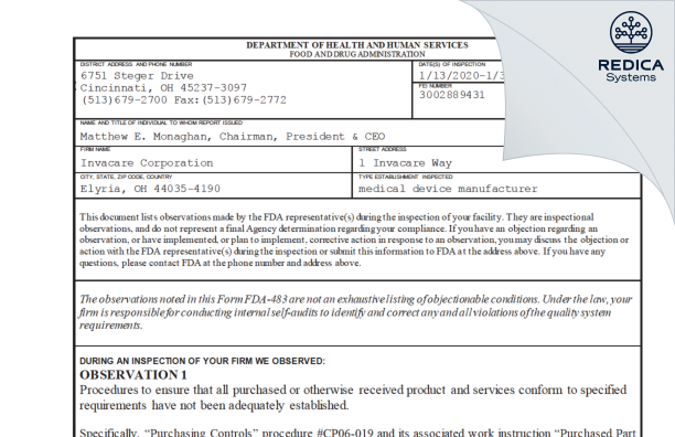 FDA 483 - Invacare Corporation [Elyria / United States of America] - Download PDF - Redica Systems