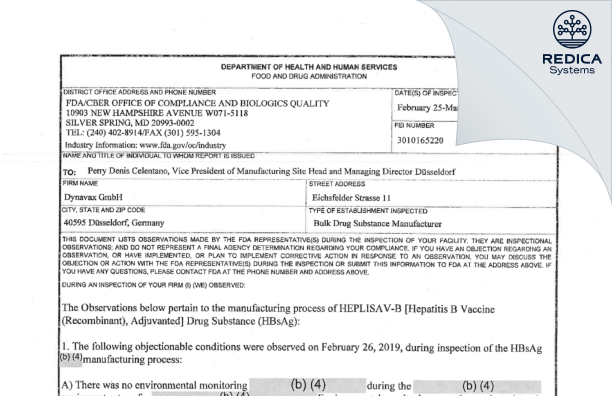 FDA 483 - Dynavax GmbH [Düsseldorf / Germany] - Download PDF - Redica Systems