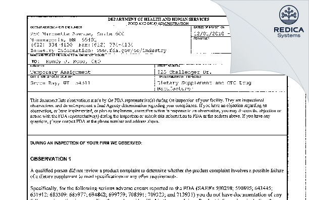 FDA 483 - Schwabe North America, Inc. [Green Bay / United States of America] - Download PDF - Redica Systems