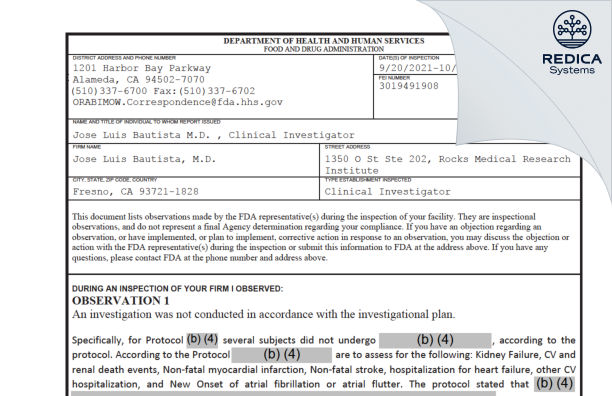 FDA 483 - Jose Luis Bautista, M.D. [Fresno / United States of America] - Download PDF - Redica Systems