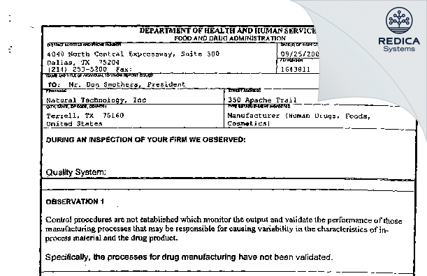 FDA 483 - NATURAL TECHNOLOGY, LLC [Terrell / United States of America] - Download PDF - Redica Systems