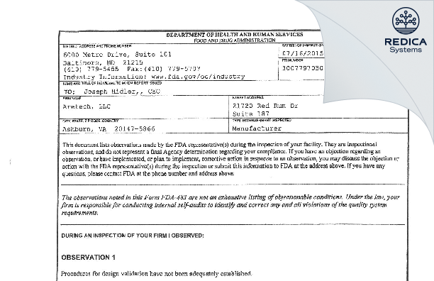 FDA 483 - Aretech, LLC [Ashburn / United States of America] - Download PDF - Redica Systems