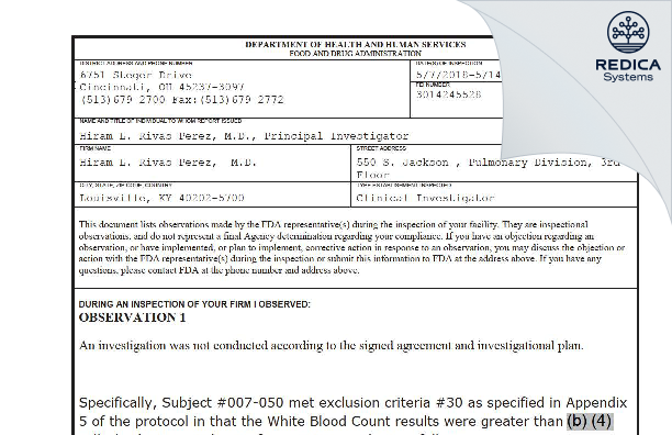 FDA 483 - Hiram L. Rivas-Perez, M.D. [Louisville / United States of America] - Download PDF - Redica Systems