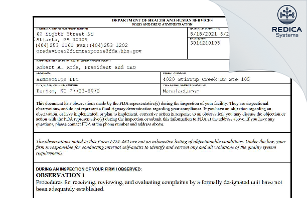 FDA 483 - HEMOSONICS LLC [Durham / United States of America] - Download PDF - Redica Systems
