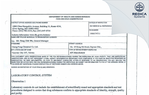 FDA 483 - Cheng Fong Chemical Co., Ltd. Dayuan Factory [Taoyuan City / Taiwan] - Download PDF - Redica Systems