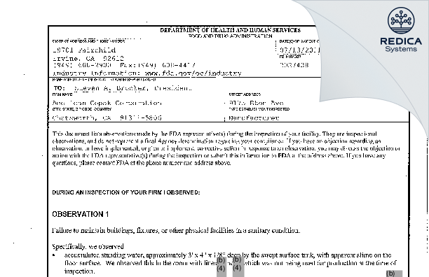 FDA 483 - American Copak Corporation [Chatsworth / United States of America] - Download PDF - Redica Systems
