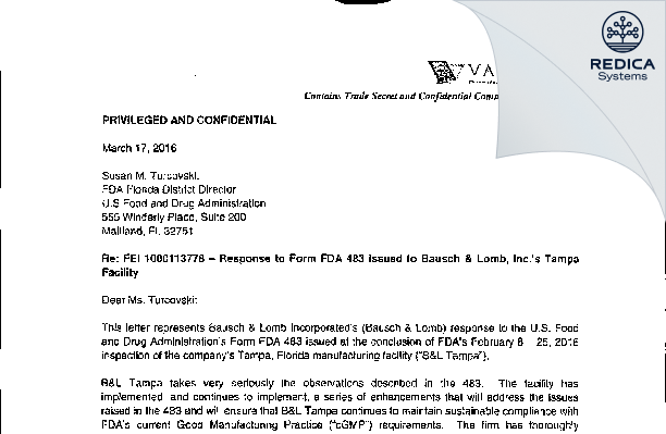 FDA 483 Response - Bausch & Lomb Incorporated [Tampa / United States of America] - Download PDF - Redica Systems