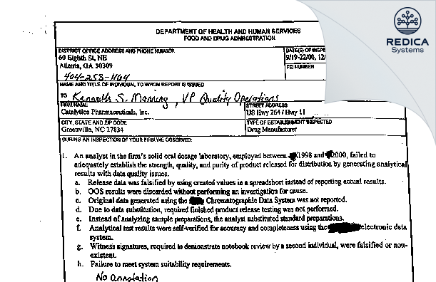 FDA 483 - Patheon Manufacturing Services LLC [Greenville / United States of America] - Download PDF - Redica Systems