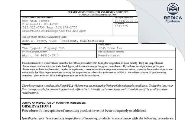 FDA 483 - The Hygenic Company LLC. [Akron / United States of America] - Download PDF - Redica Systems