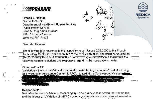 FDA 483 Response - Praxair Inc. [Tonawanda / United States of America] - Download PDF - Redica Systems