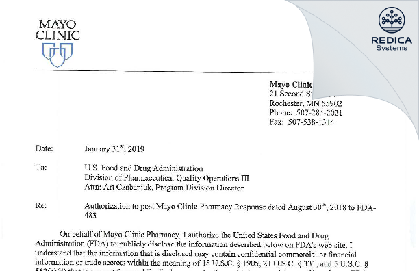 FDA 483 Response - Mayo Clinic Pharmacy [Rochester / United States of America] - Download PDF - Redica Systems