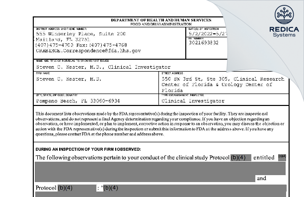 FDA 483 - Steven C. Kester, M.D. [Pompano Beach / United States of America] - Download PDF - Redica Systems