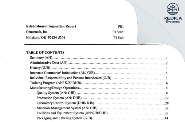 EIR - Genentech, Inc. [Hillsboro / United States of America] - Download PDF - Redica Systems