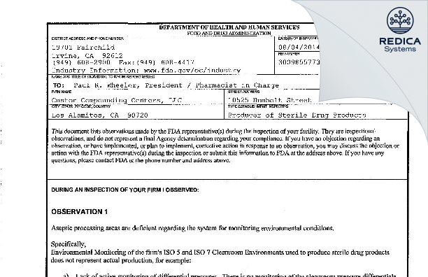 FDA 483 - Custom Compounding Centers, LLC [Los Alamitos / United States of America] - Download PDF - Redica Systems