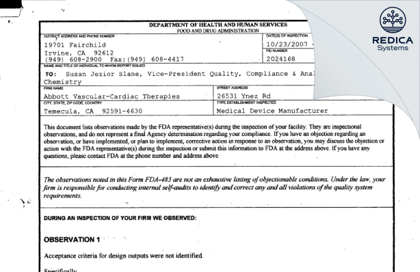 FDA 483 - Abbott Vascular [Temecula / United States of America] - Download PDF - Redica Systems